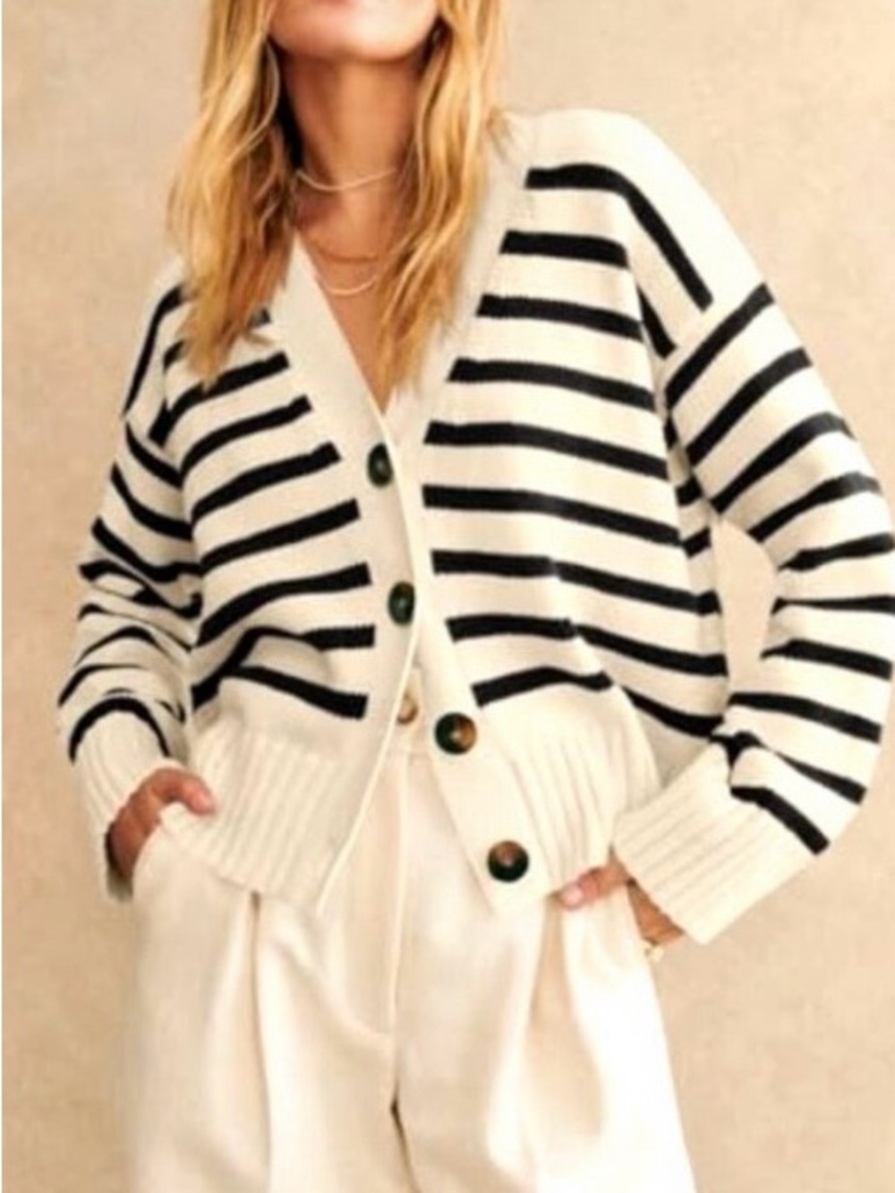 Willow and Wind Striped V-Neck Button Cardigan L Large 100% Cotton Cream & Navy